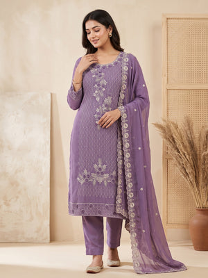 Designer Lavender Floral Work Embroidered Georgette Unstitched Dress Material - Image 1