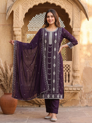 Purple Star Georgette Suit Fabric Highlighted with Fine Thread Embroidery Work - Image 1