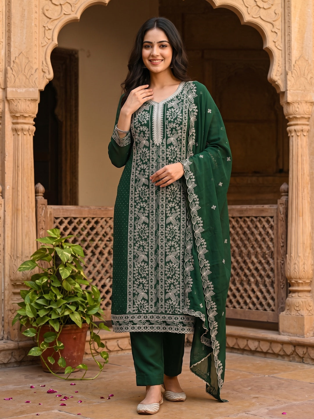 Green Star Georgette Unstitched Dress Material with Intricate Embroidery Work - Image 1