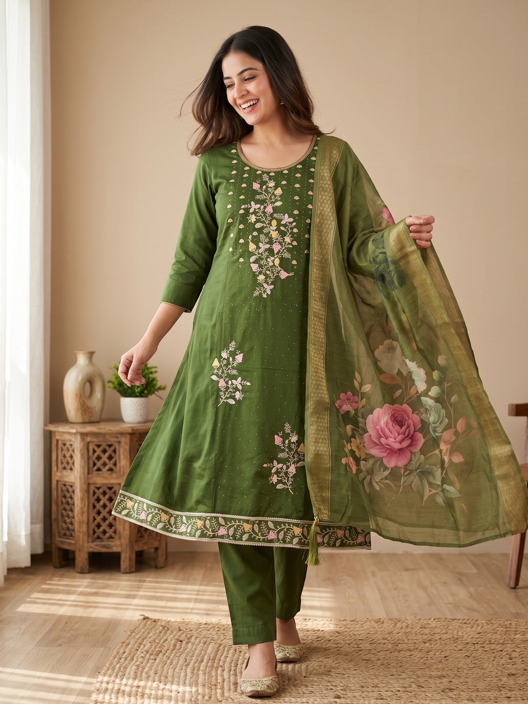 Soft Green Cotton Blend Unstitched Suit Material with Delicate Floral Embroidery - Image 1