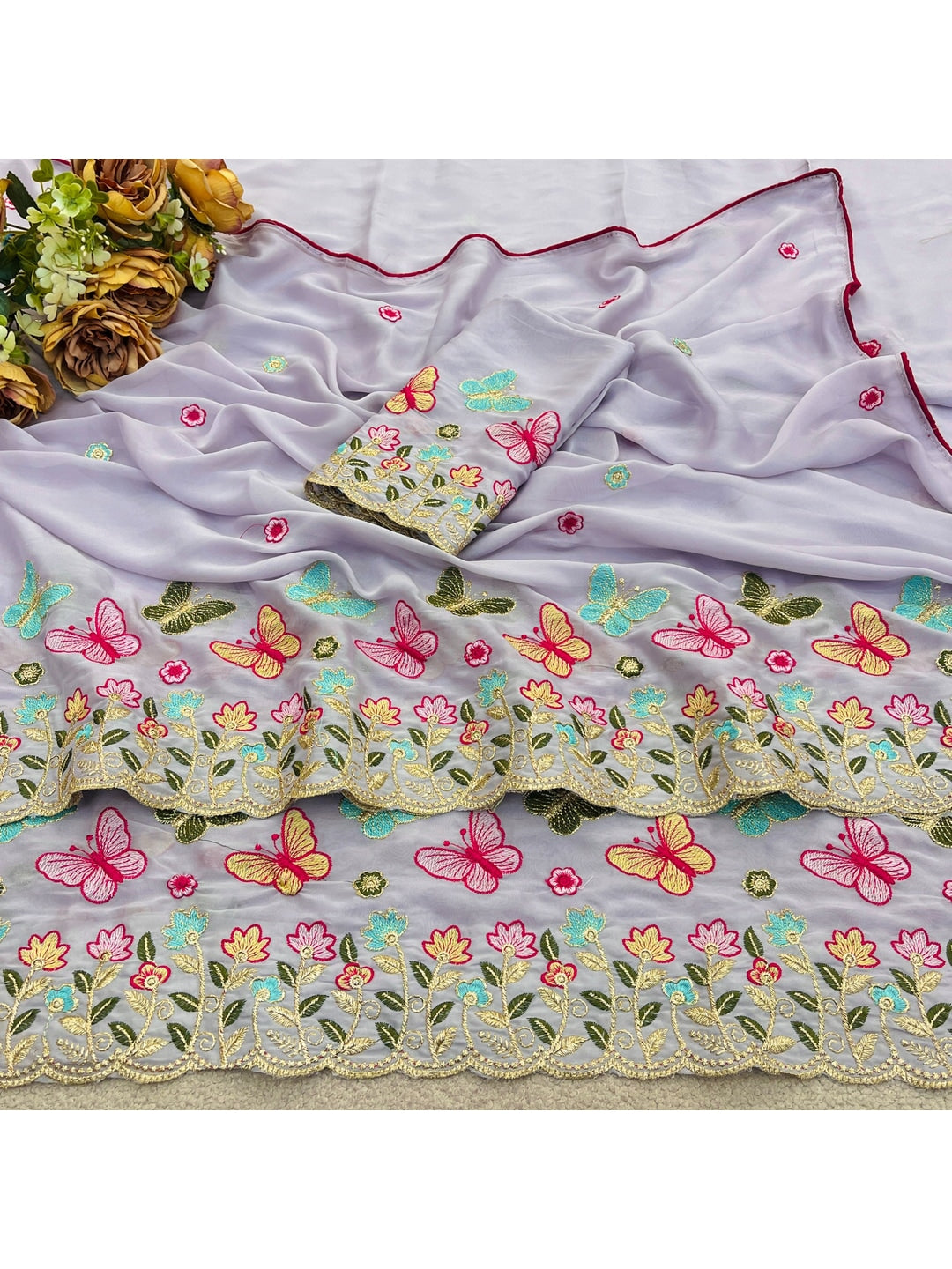 Peachmode Lavender Panel Embroidered Rangoli Silk Saree - Image 3