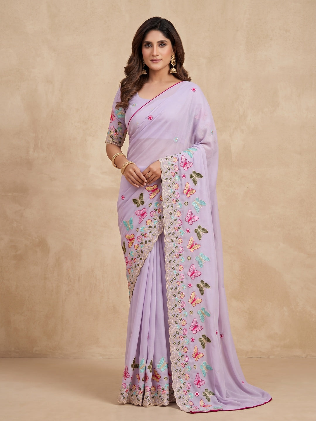 Peachmode Lavender Panel Embroidered Rangoli Silk Saree - Image 1