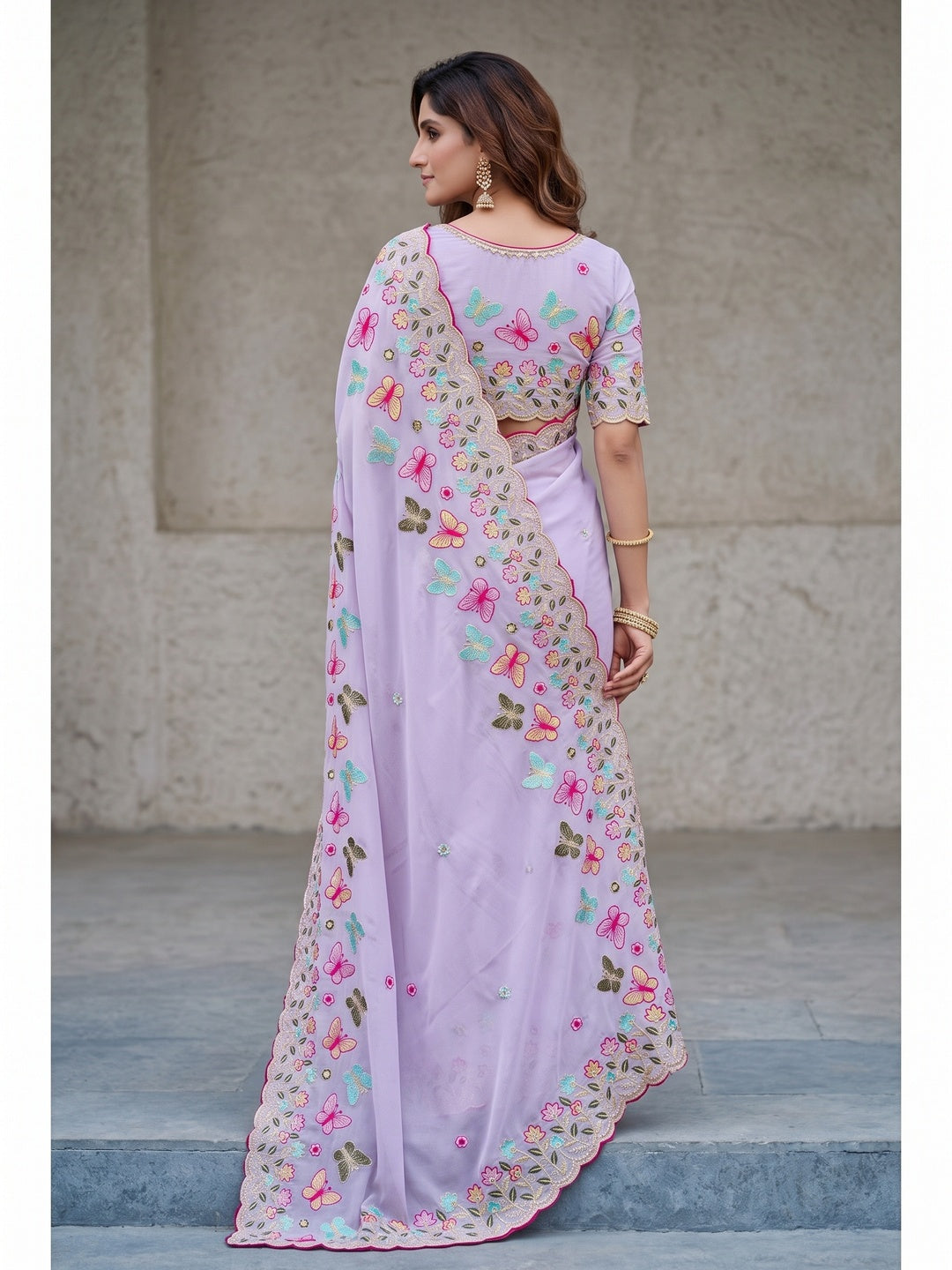 Peachmode Lavender Panel Embroidered Rangoli Silk Saree - Image 5
