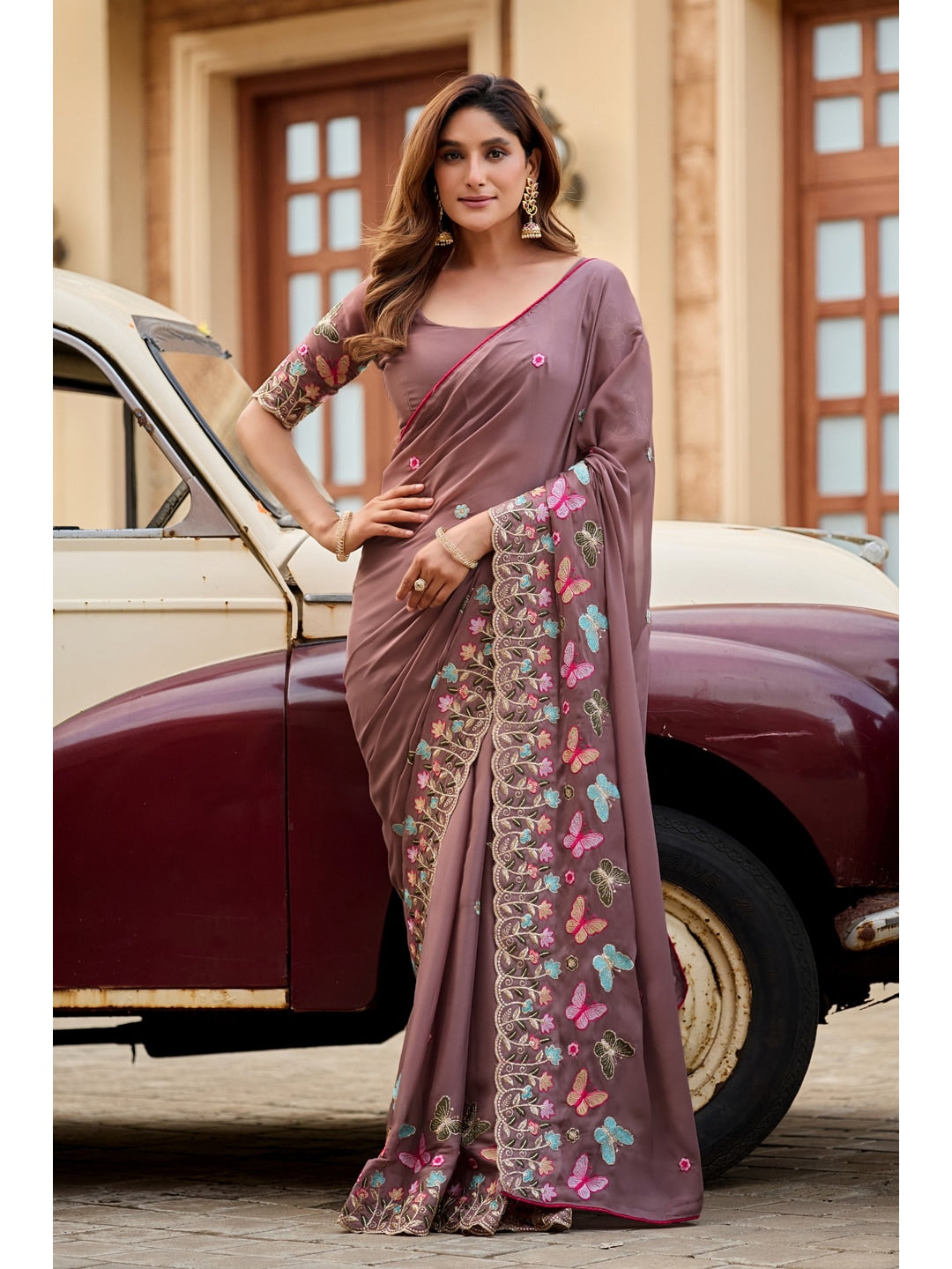 Peachmode Brown Panel Embroidered Rangoli Silk Saree - Image 1