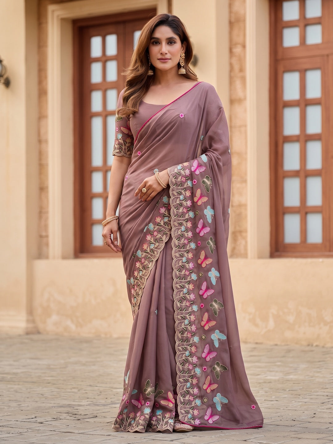 Peachmode Brown Panel Embroidered Rangoli Silk Saree - Image 3