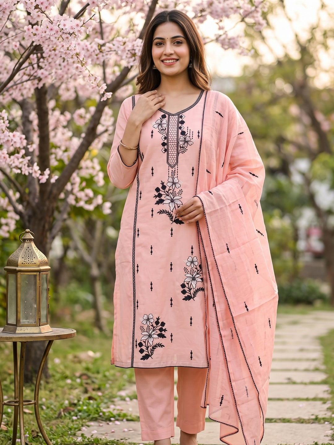 Elegant Peach Cotton Blend Dress Material with Delicate Thread Embroidered Detailing - Image 1