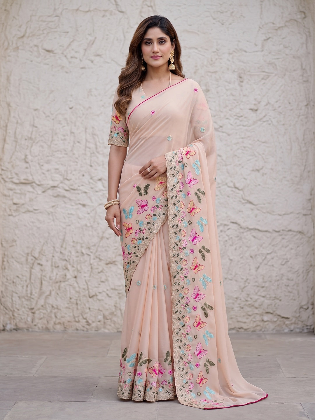 Peachmode Peach Panel Embroidered Rangoli Silk Saree - Image 1
