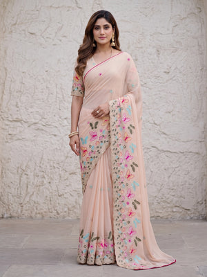 Peachmode Peach Panel Embroidered Rangoli Silk Saree - Image 1