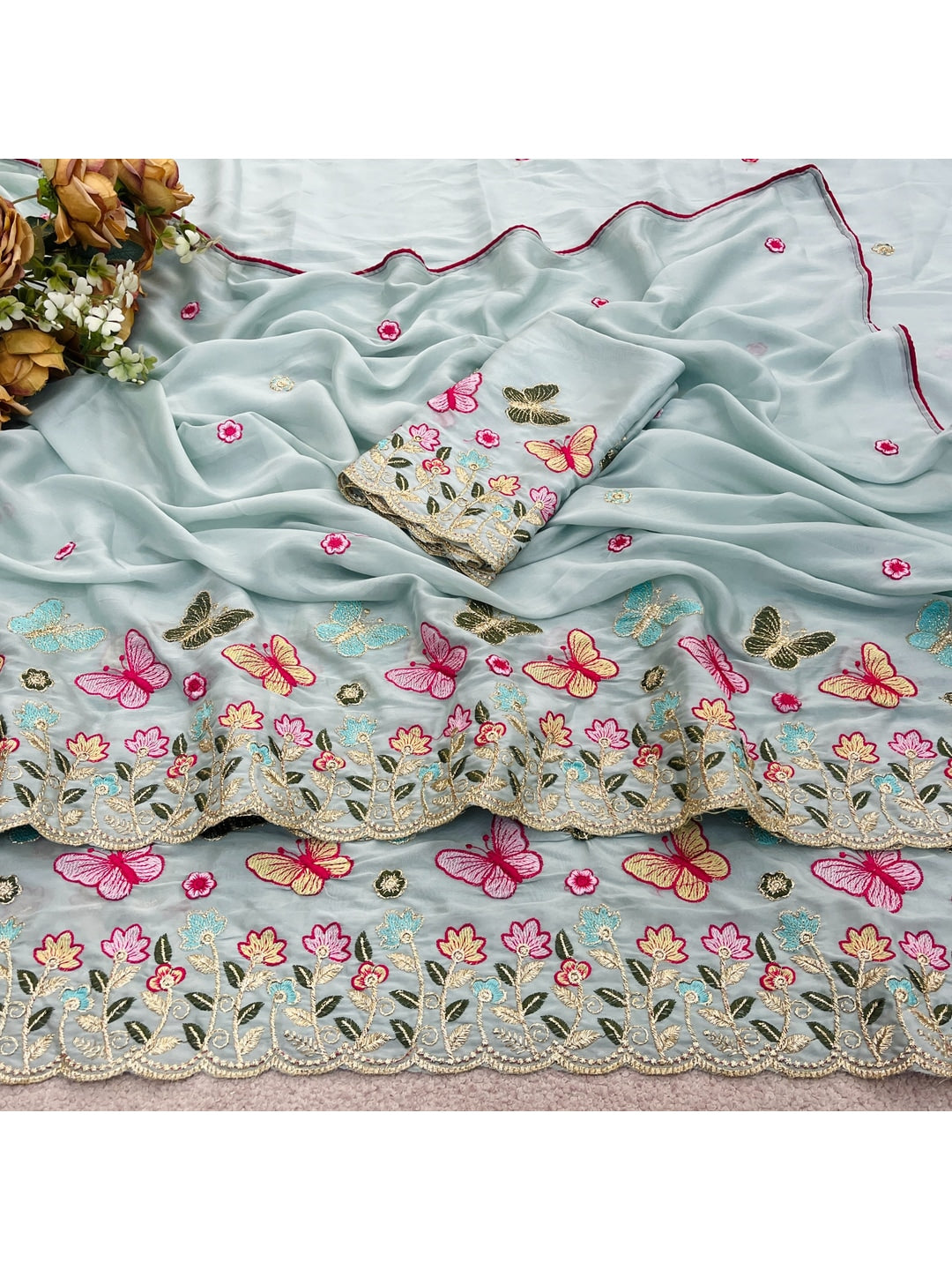 Peachmode Sky Blue Panel Embroidered Rangoli Silk Saree - Image 2
