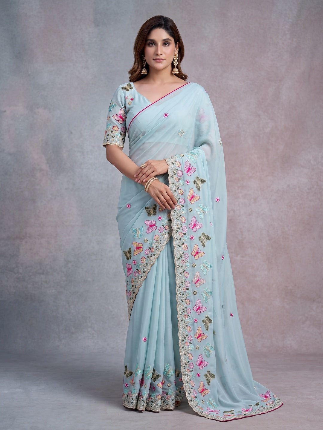 Peachmode Sky Blue Panel Embroidered Rangoli Silk Saree - Image 1