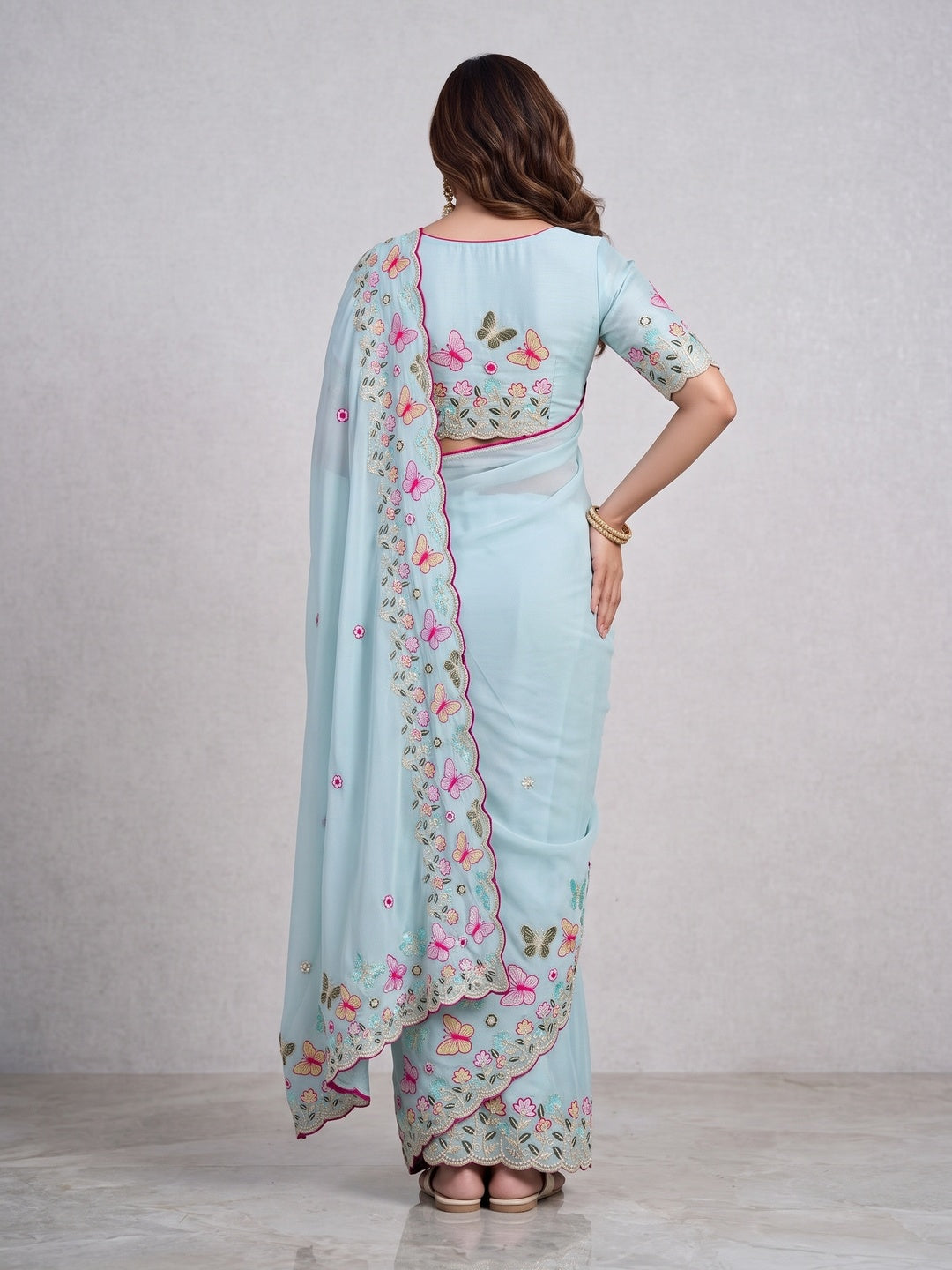 Peachmode Sky Blue Panel Embroidered Rangoli Silk Saree - Image 5