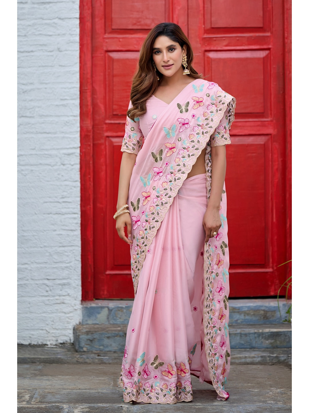 Peachmode Pink Panel Embroidered Rangoli Silk Saree - Image 1