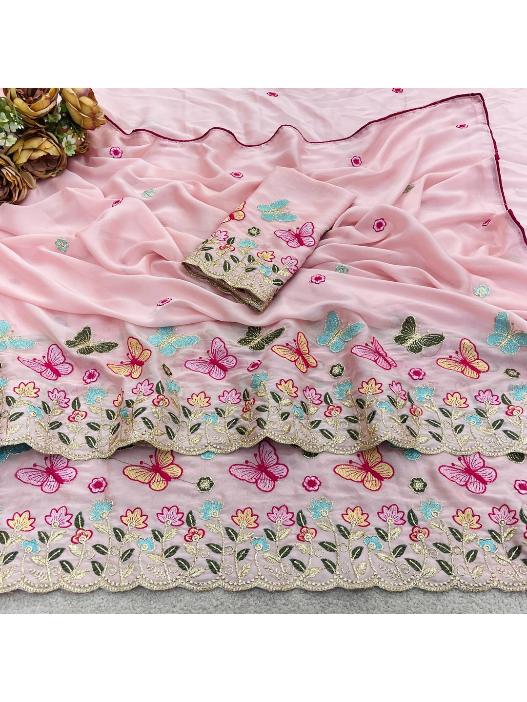 Peachmode Pink Panel Embroidered Rangoli Silk Saree - Image 2
