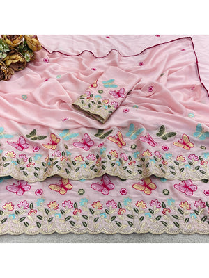 Peachmode Pink Panel Embroidered Rangoli Silk Saree - Image 2