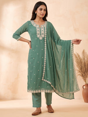 Chic Sea Green Floral Thread Embroidered Star Georgette Unstitched Suit Fabric - Image 1