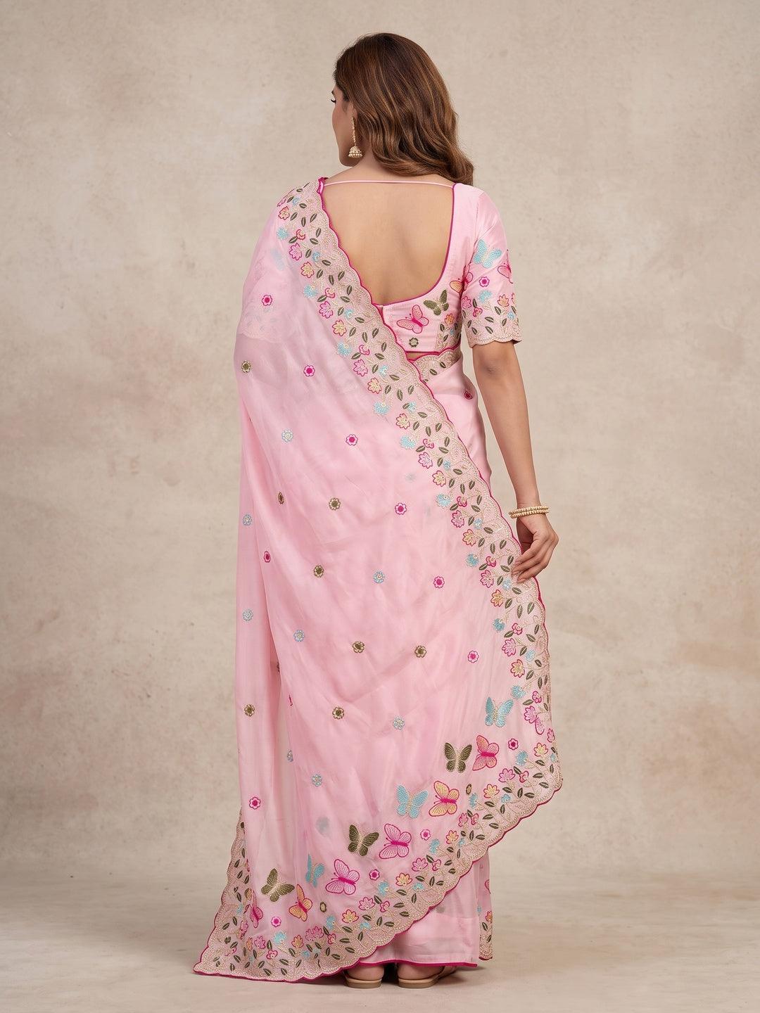 Peachmode Pink Panel Embroidered Rangoli Silk Saree - Image 4