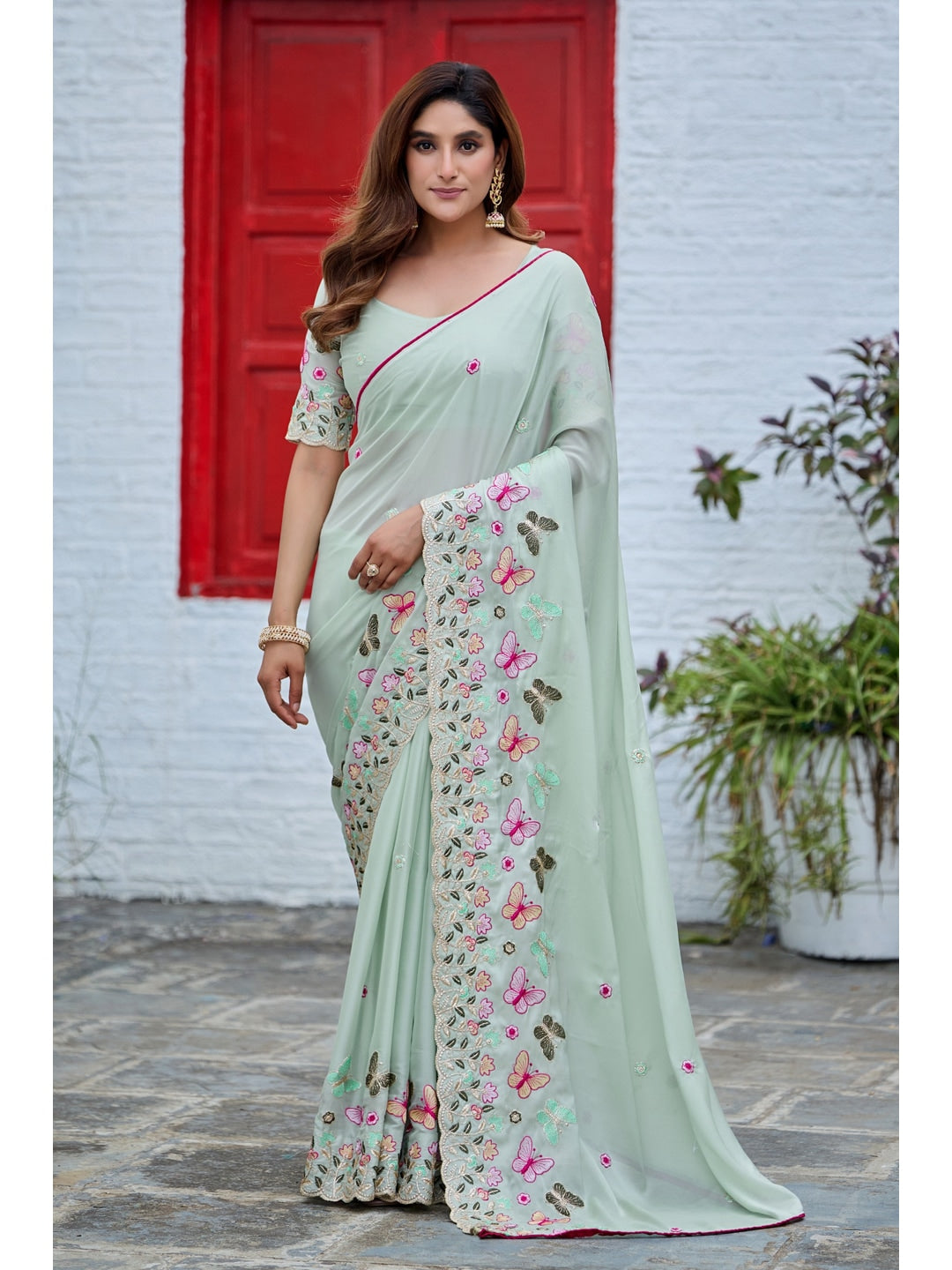 Peachmode Pista Green Panel Embroidered Rangoli Silk Saree - Image 1