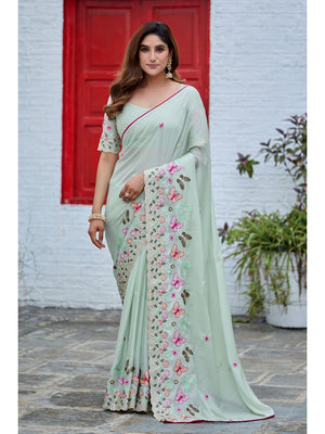 Peachmode Pista Green Panel Embroidered Rangoli Silk Saree - Image 1