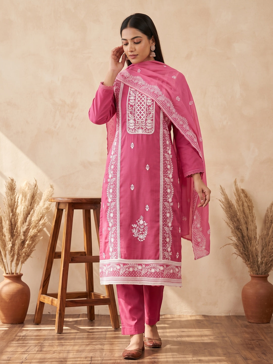Dark Pink Unstitched Suit Material in Luxurious Cotton Silk with Exquisite Floral Embroidery - Image 1