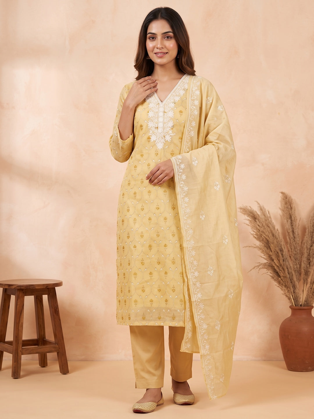 Feminine Yellow Floral Thread Work Chanderi Silk Fabric for Traditional & Festive Outfits - Image 1