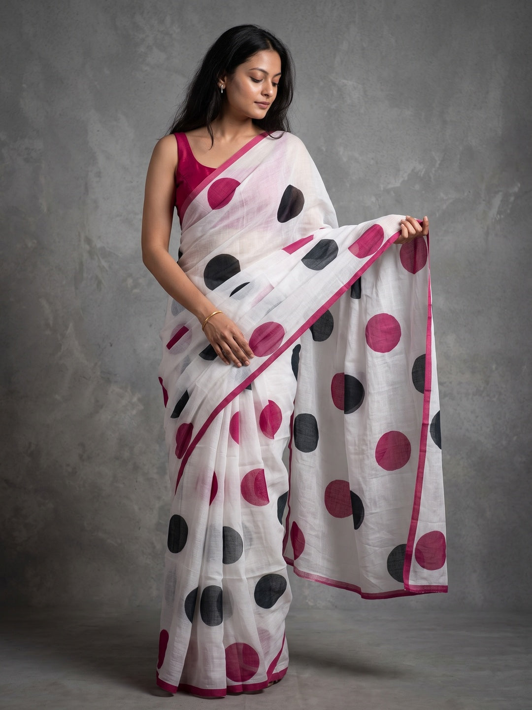 White Polka Dot Printed Linen Saree - Image 1