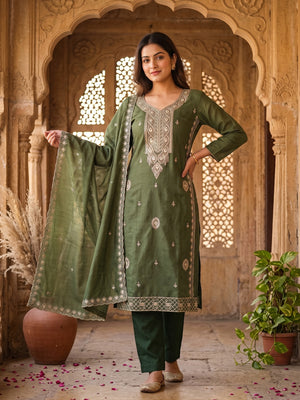 Green Dress Material In Cotton Blend Featuring Exquisite Floral Embroidery - Image 1