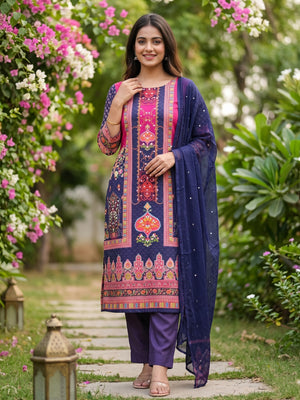 Stylish Blue Floral Digital Printed Rayon Dress Material Adorned With Mirror Embellishments - Image 1