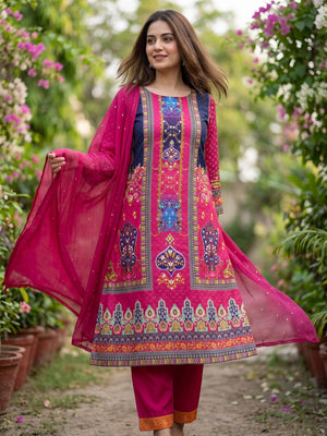 Stylish Rani Pink Floral Digital Printed Rayon Dress Material Adorned With Mirror Embellishments - Image 1