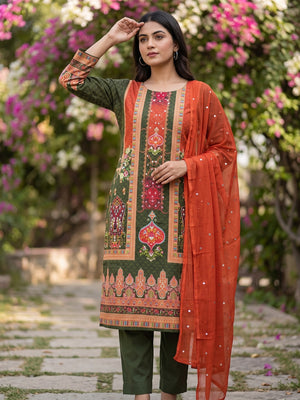 Stylish Green Floral Digital Printed Rayon Dress Material Adorned With Mirror Embellishments - Image 1
