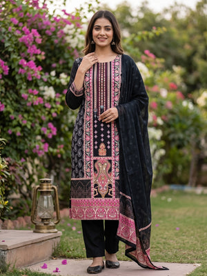 Black Paisley & Floral Digital Printed Rayon Dress Material With Intricate Mirror Work - Image 1