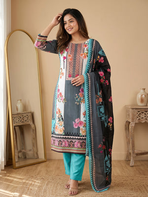 Charming Blue Floral Digital Printed Muslin Dress Material With Subtle Swarovski Work - Image 1