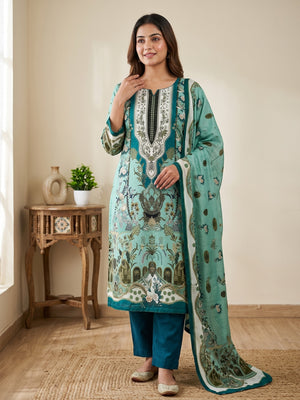Turquoise Floral Digital Printed Muslin Dress Material Enhanced With Shimmering Swarovski Work - Image 1