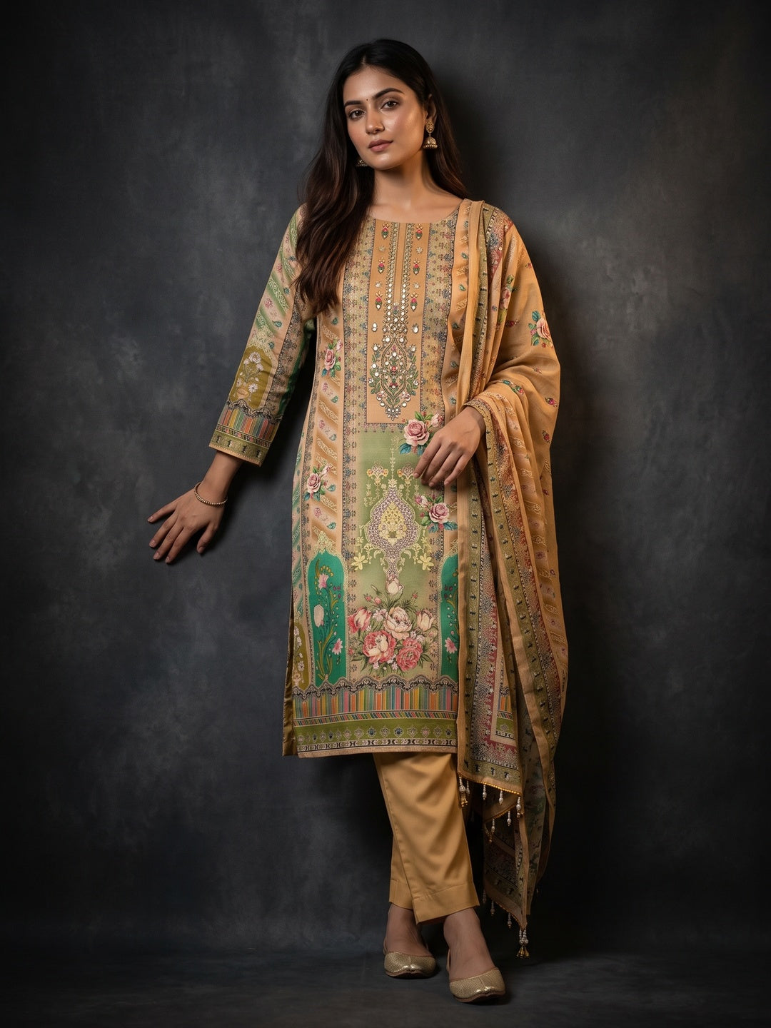 Mustard Muslin Dress Material Featuring Graceful Floral Digital Print Embellished With Mirror Work - Image 1