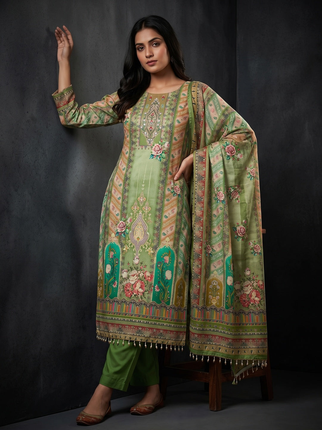Green Muslin Dress Material Featuring Graceful Floral Digital Print Embellished With Mirror Work - Image 1