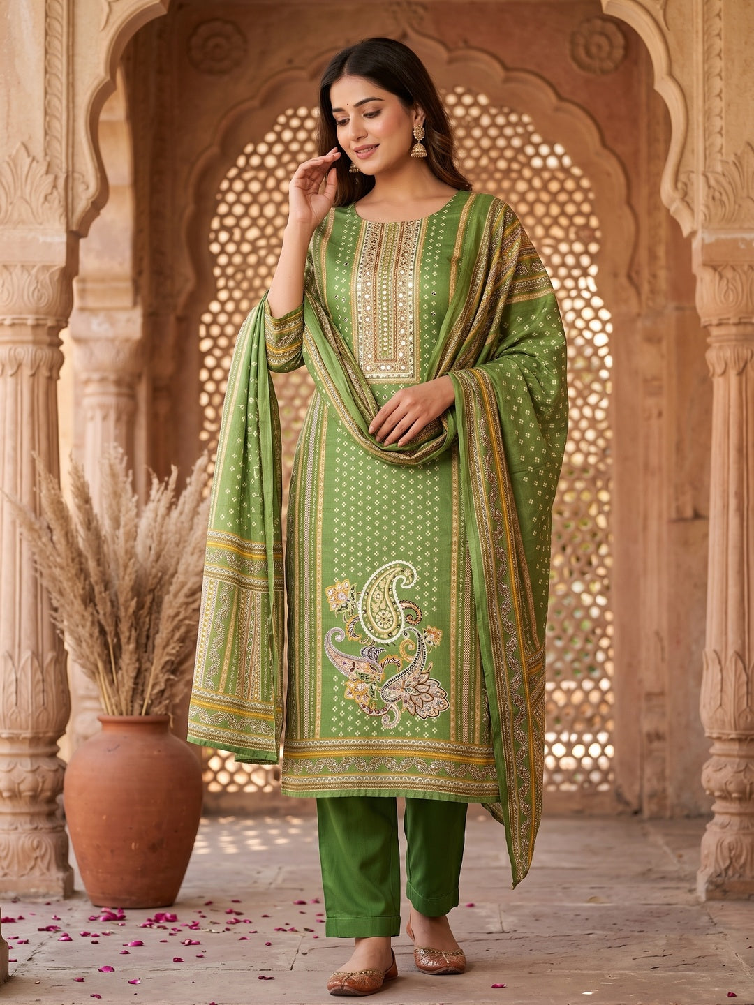 Soothing Green Floral Digital Printed Dress Material Crafted From Muslin With Mirror Work - Image 1