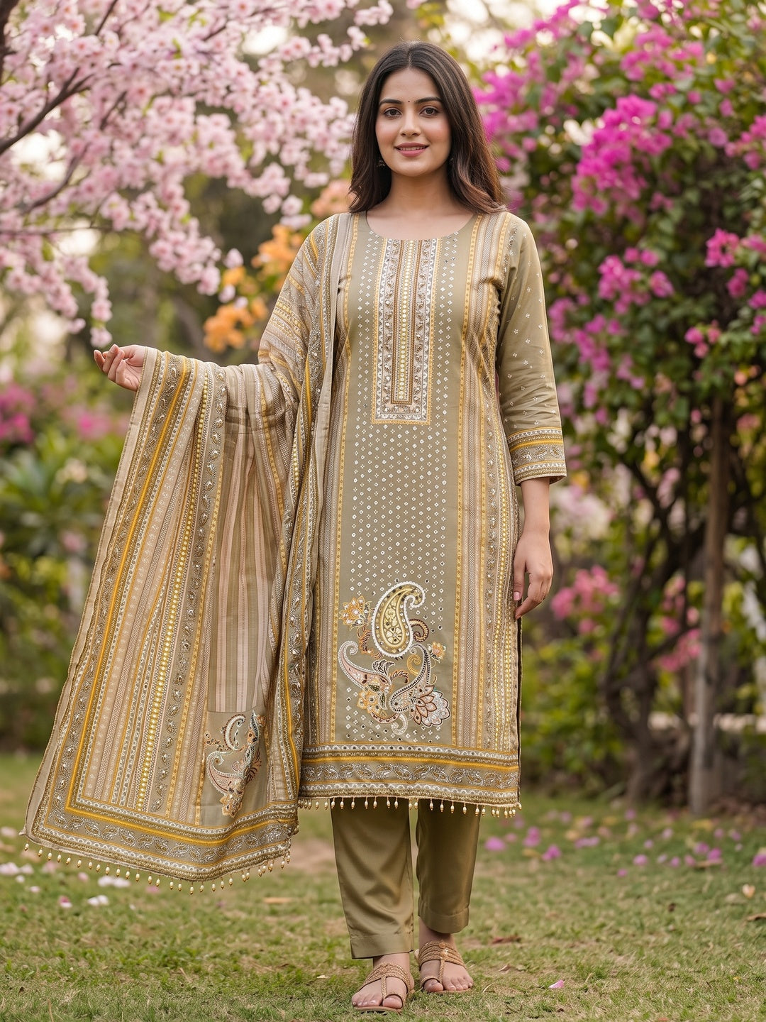 Soothing Mehendi Green Floral Digital Printed Dress Material Crafted From Muslin With Mirror Work - Image 1