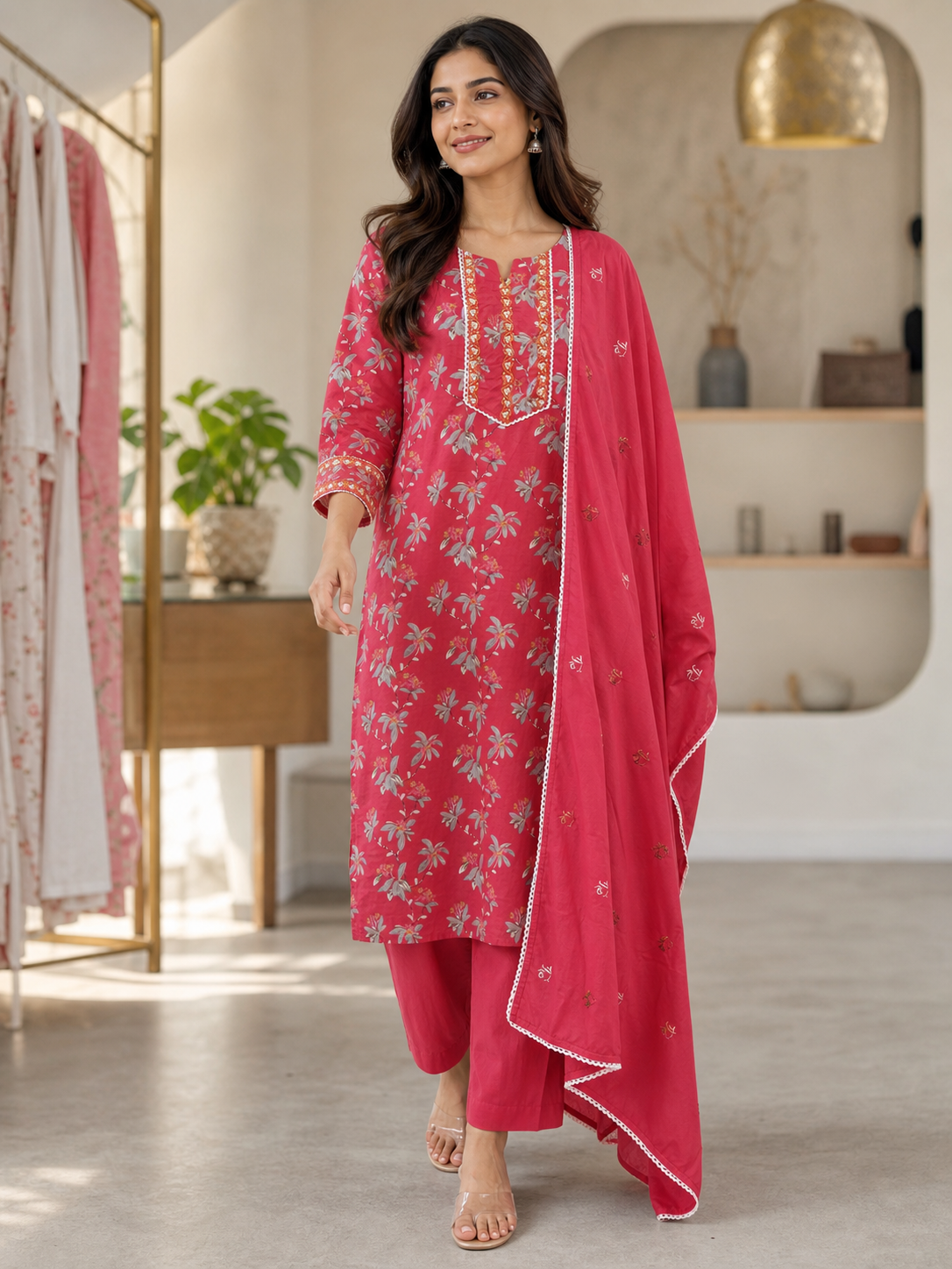 Red Pure Cotton Floral Printed and Embroidered Salwar Suit Set - Image 1