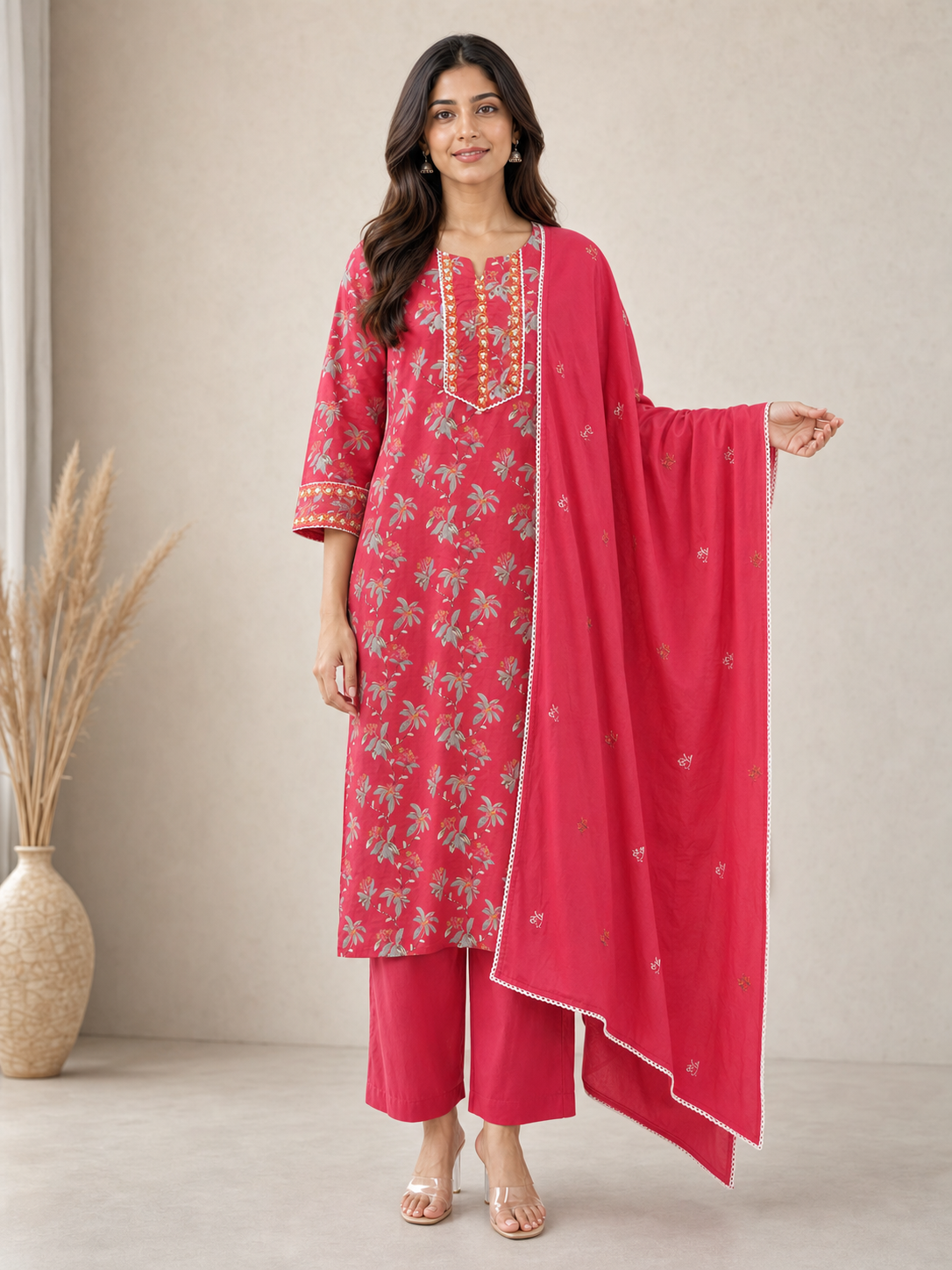 Red Pure Cotton Floral Printed and Embroidered Salwar Suit Set - Image 2