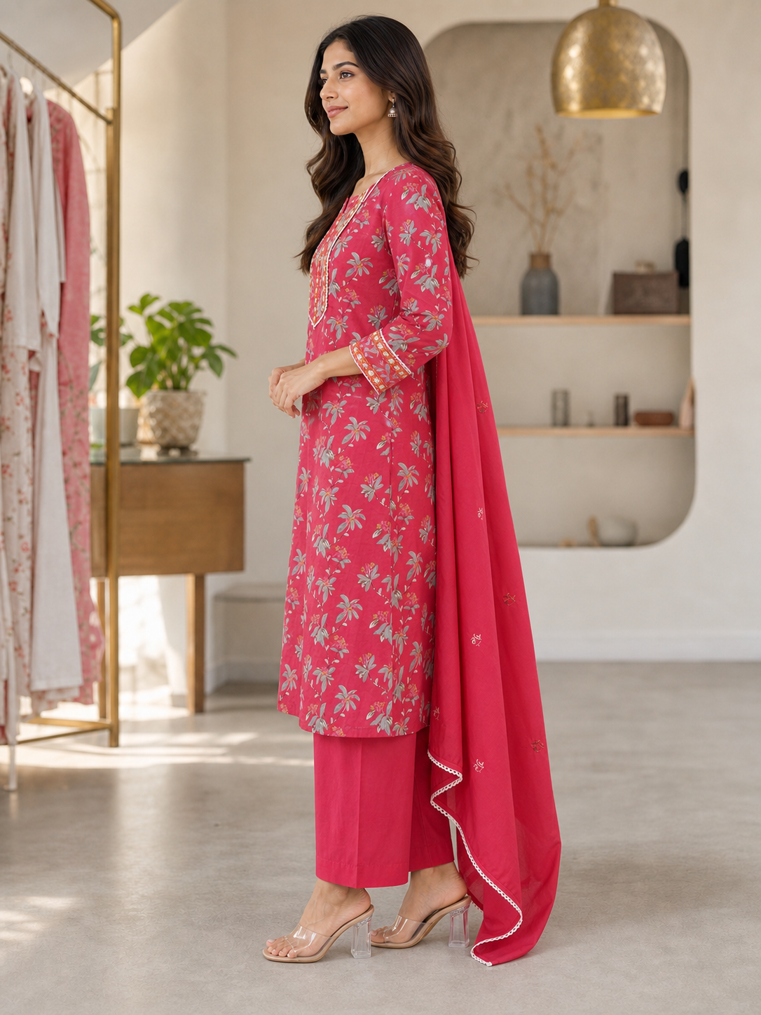 Red Pure Cotton Floral Printed and Embroidered Salwar Suit Set - Image 3