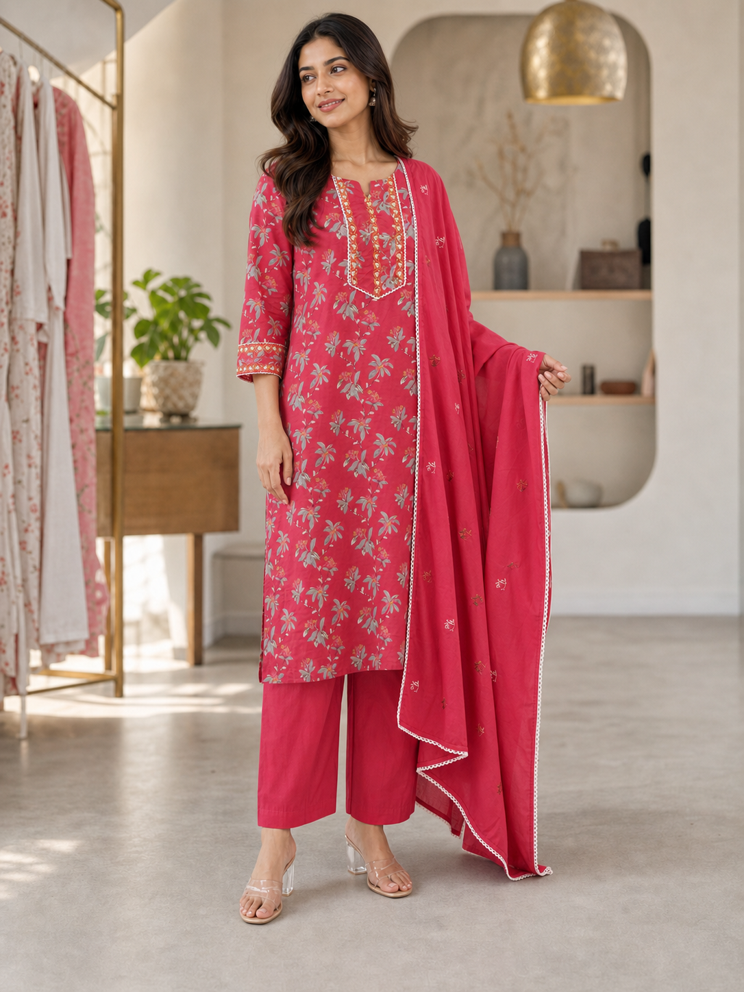 Red Pure Cotton Floral Printed and Embroidered Salwar Suit Set - Image 5