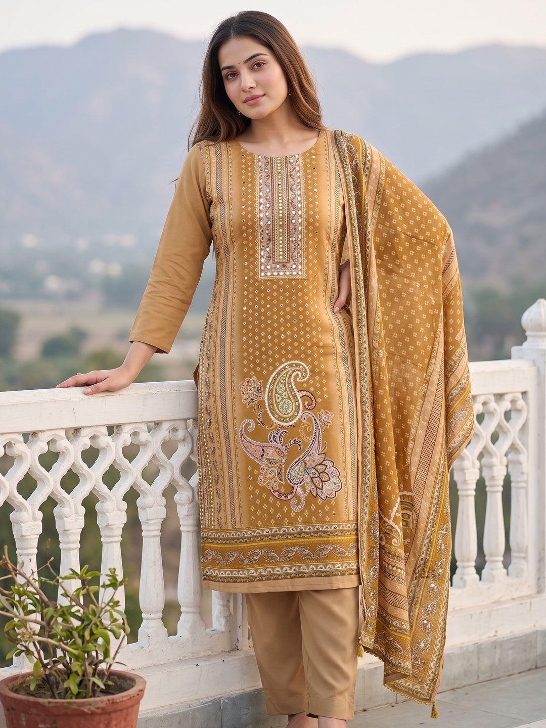Soothing Mustard Floral Digital Printed Dress Material Crafted From Muslin With Mirror Work - Image 1