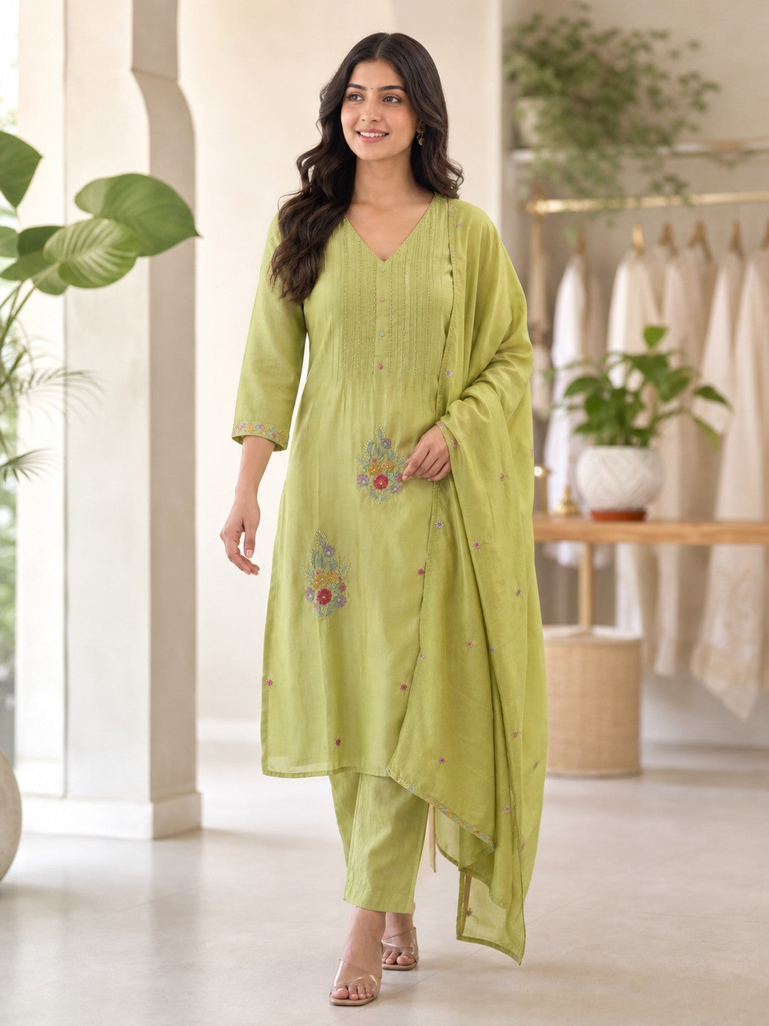 Green Chanderi Silk Floral Embroidered Salwar Suit Set - Image 1