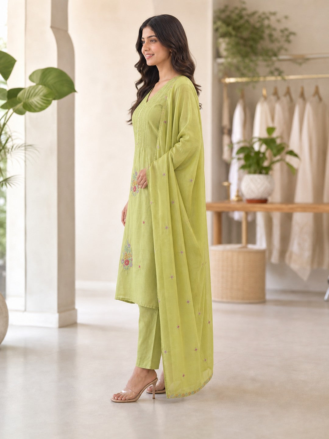 Green Chanderi Silk Floral Embroidered Salwar Suit Set - Image 3