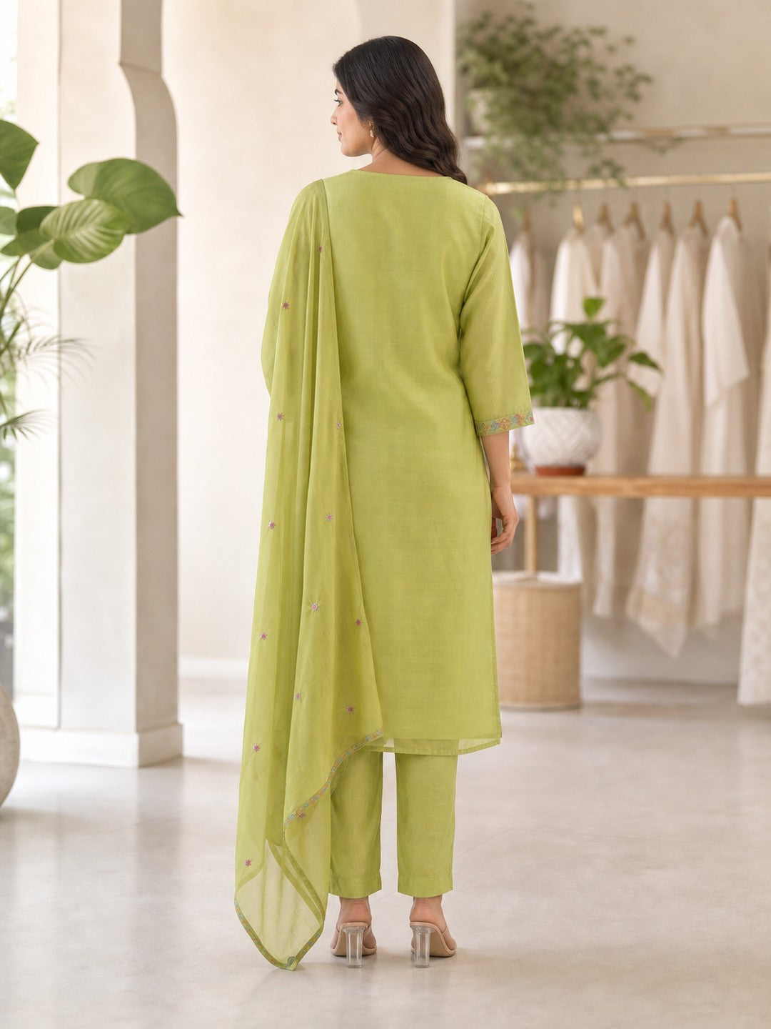 Green Chanderi Silk Floral Embroidered Salwar Suit Set - Image 4