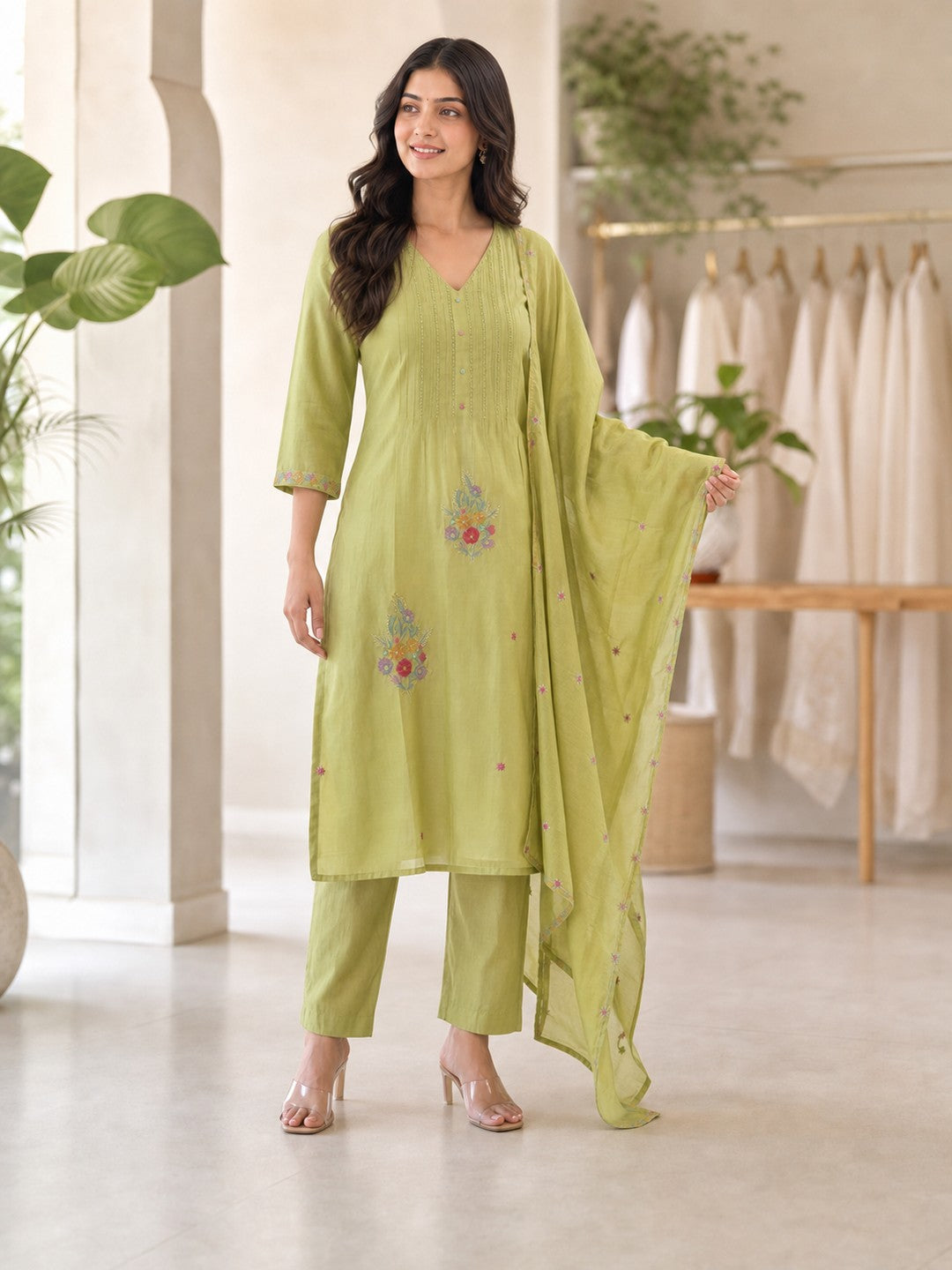 Green Chanderi Silk Floral Embroidered Salwar Suit Set - Image 5