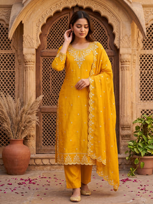 Graceful Mustard Floral Embroidered Vichitra Silk Dress Material Enhanced With Diamond Work - Image 1