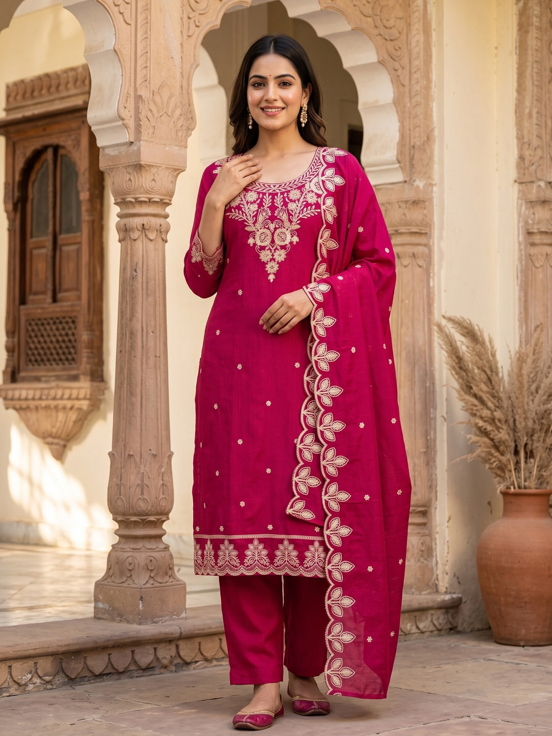 Graceful Pink Floral Embroidered Vichitra Silk Dress Material Enhanced With Diamond Work - Image 1