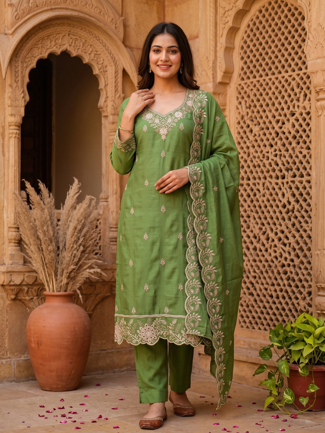Graceful Green Floral Embroidered Vichitra Silk Dress Material Enhanced With Diamond Work - Image 1