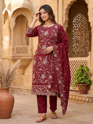 Elegant Maroon Vichitra Silk Dress Material Adorned With Exquisite Floral Zari Embroidery Work - Image 1