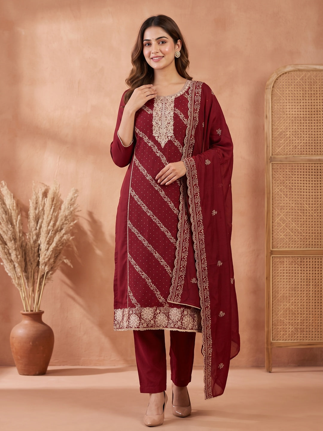 Graceful Maroon Floral Embroidered Vichitra Silk Dress Material Enhanced With Sparkling Swarovski - Image 1